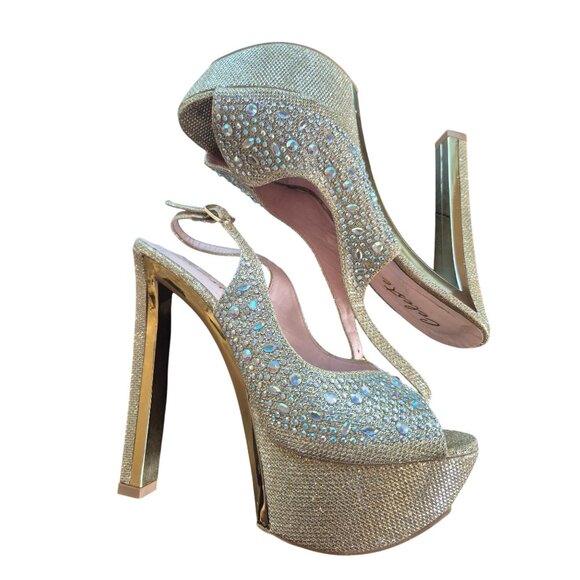 Celeste Shoes - Gold Rhinestone Platform Heels With Peep Toe & Ankle Strap By Celeste Size 7.5